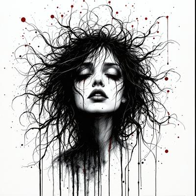 The primary subject of the image is a woman with long, dark hair. She is depicted with a mix of black and white colors, giving her a dramatic and artistic appearance. The setting is a white background, which allows the woman's hair and facial features to stand out. The visual style is a combination of drawing and digital art, creating a unique and captivating image. The overall atmosphere is one of mystery and intrigue, as the woman's expression and the artistic elements of the image evoke a sense of curiosity and wonder.